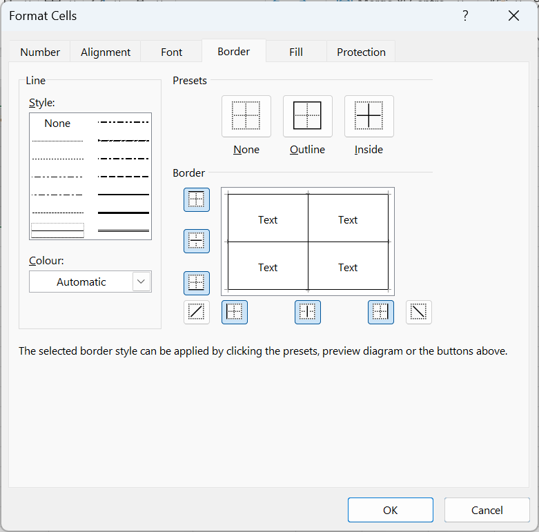 Možnosť spresniť vzhľad orámovania v okne Format Cells - Základy Microsoft Excel