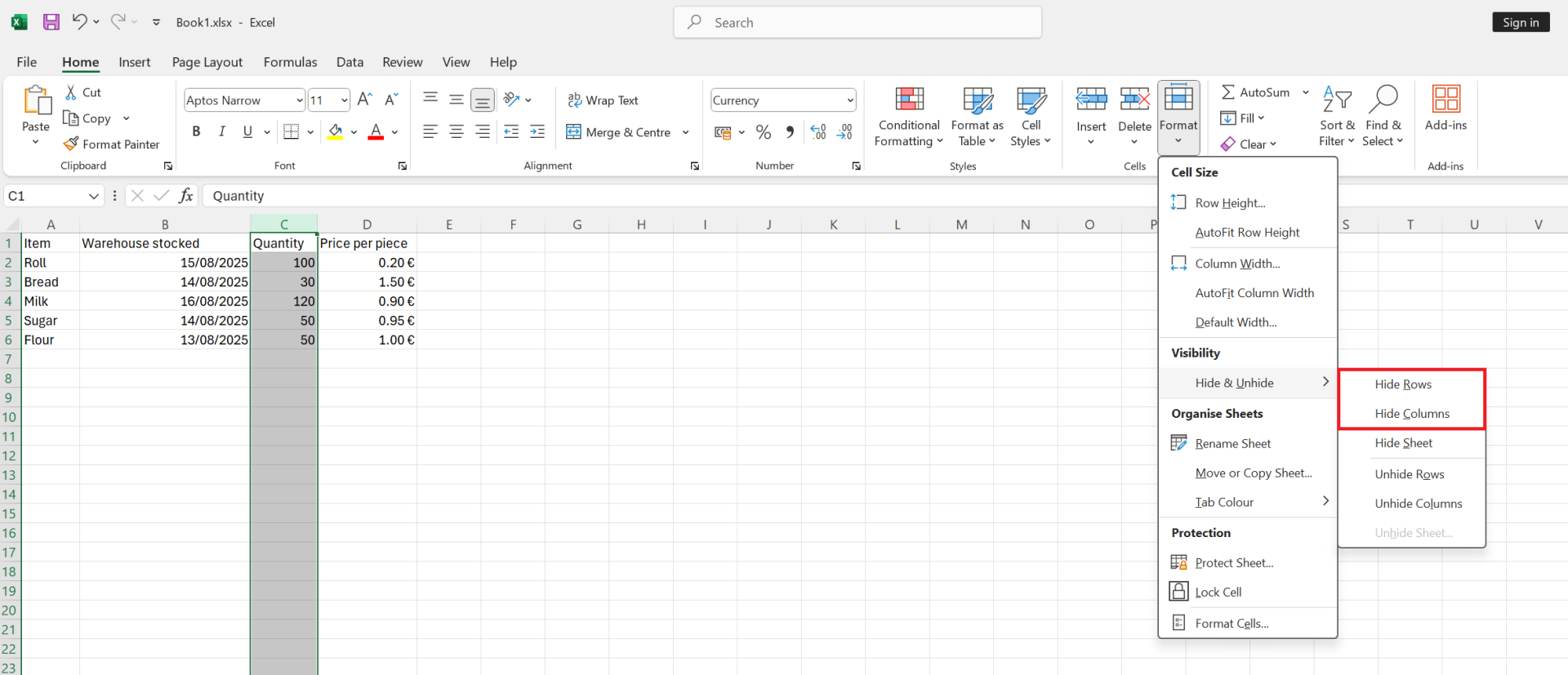 Ponuka skrytia stĺpca - Základy Microsoft Excel