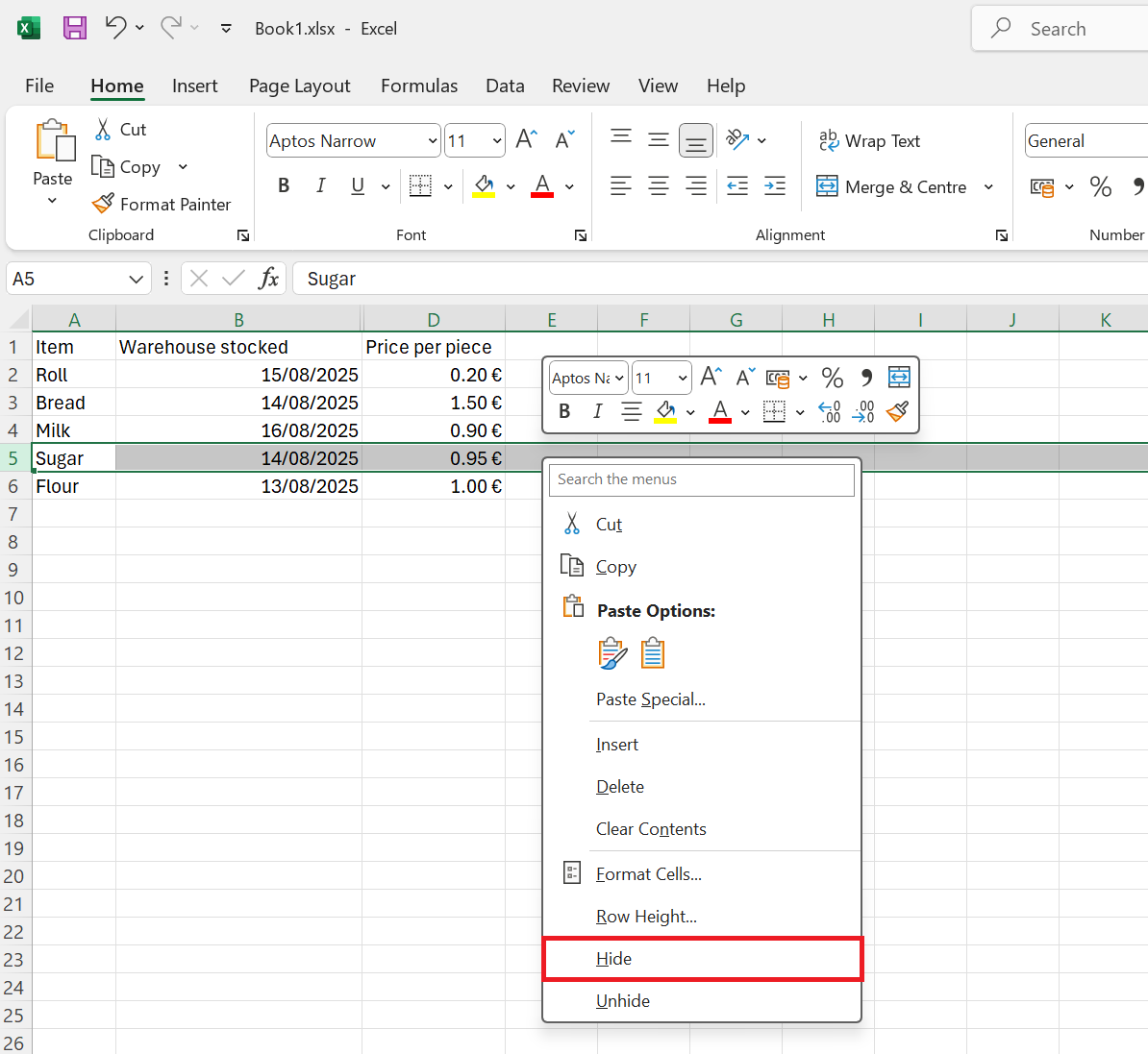 Ponuka skrytia riadka po kliknutí pravým tlačidlom myši - Základy Microsoft Excel