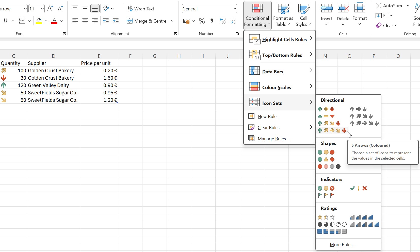Ukážka použitia súprav ikon v podmienenom formátovaní - Základy Microsoft Excel