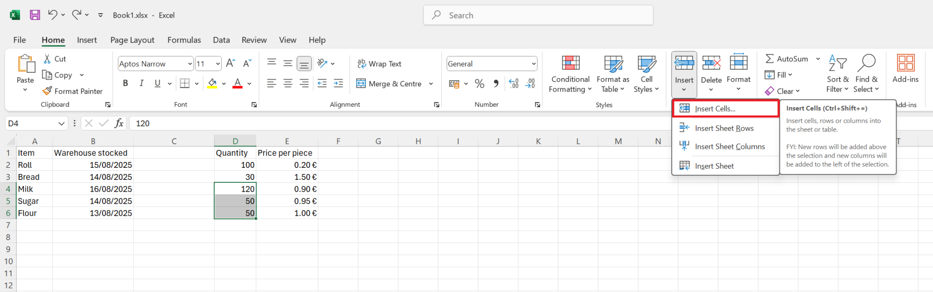 Ponuka Insert Cells… - Základy Microsoft Excel