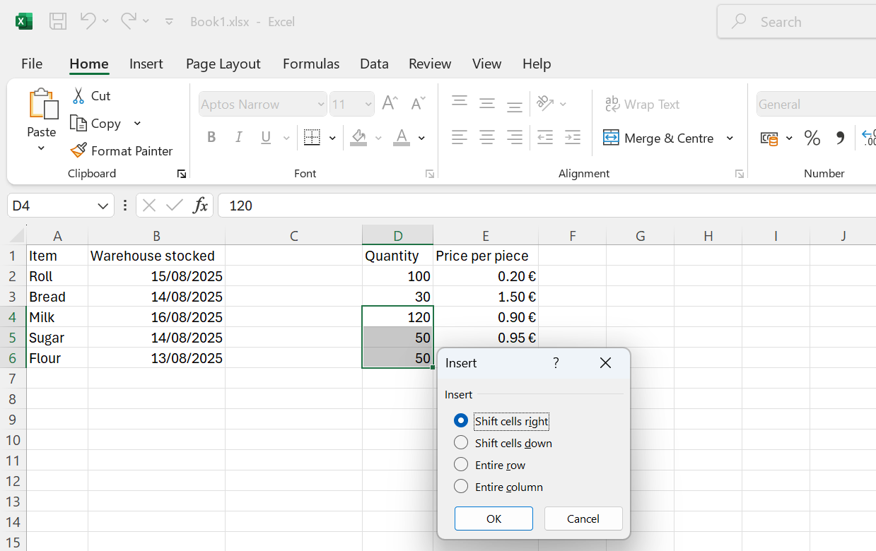 Voľba posunutia buniek pred vložením nových - Základy Microsoft Excel