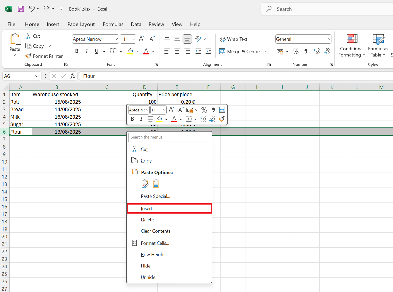 Ukážka vloženia riadka pomocou pravého tlačidla myši - Základy Microsoft Excel