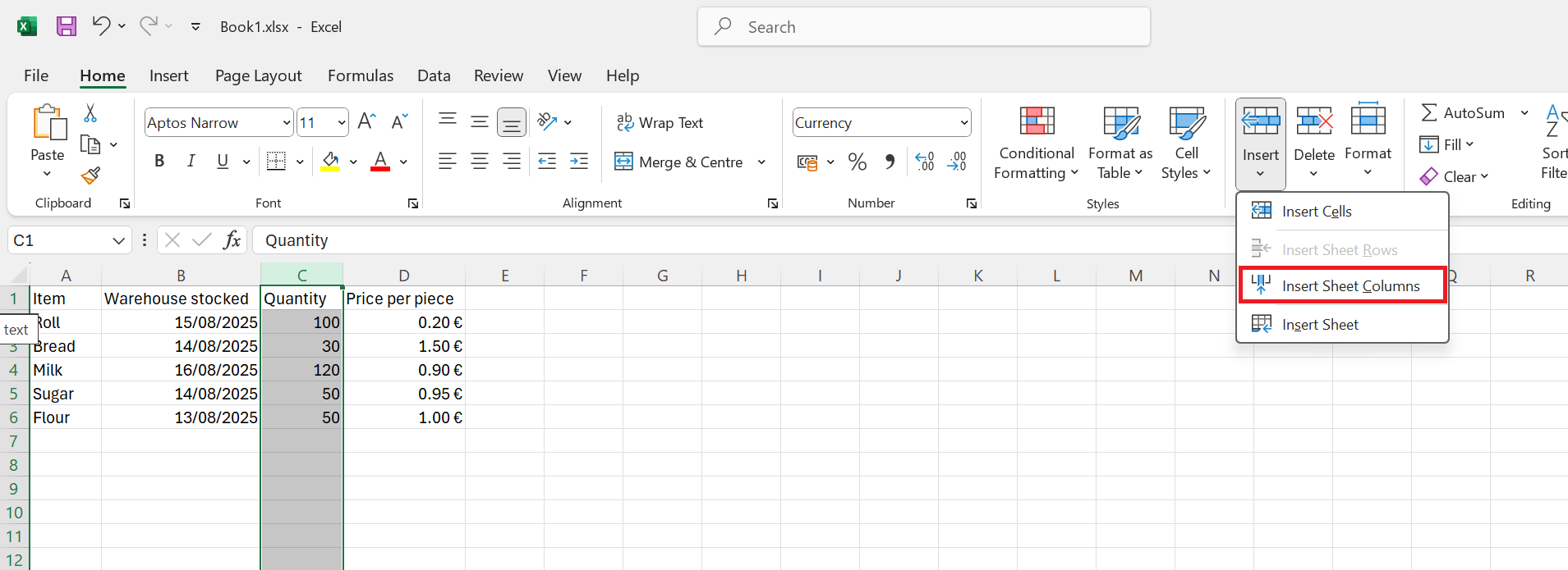 Ponuka možnosti vloženia stĺpca - Základy Microsoft Excel