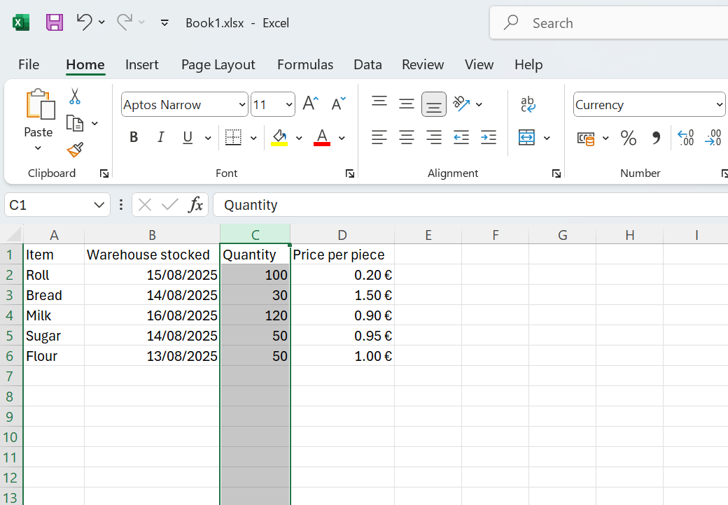 Ukážka označenia stĺpca - Základy Microsoft Excel