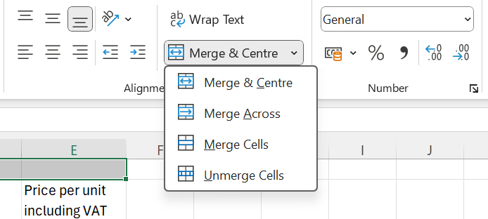 Ponuka zlúčenia buniek na karte Home - Základy Microsoft Excel
