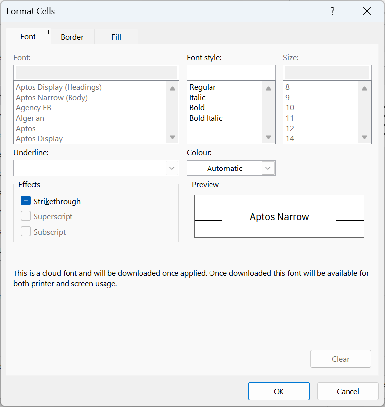 Okno Format Cells na určenie nového štýlu tabuľky - Základy Microsoft Excel