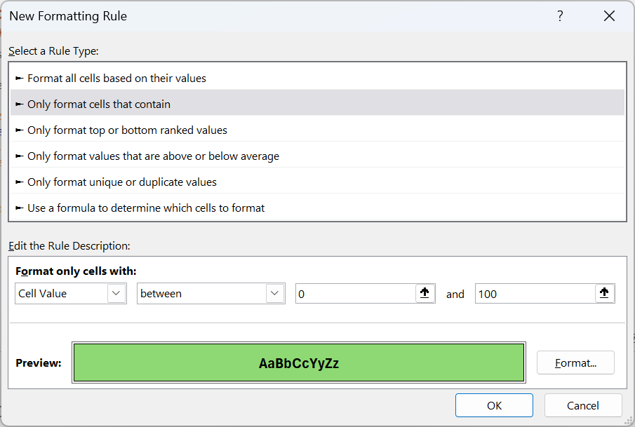 Dialógové okno na tvorbu nového pravidla formátovania - Základy Microsoft Excel