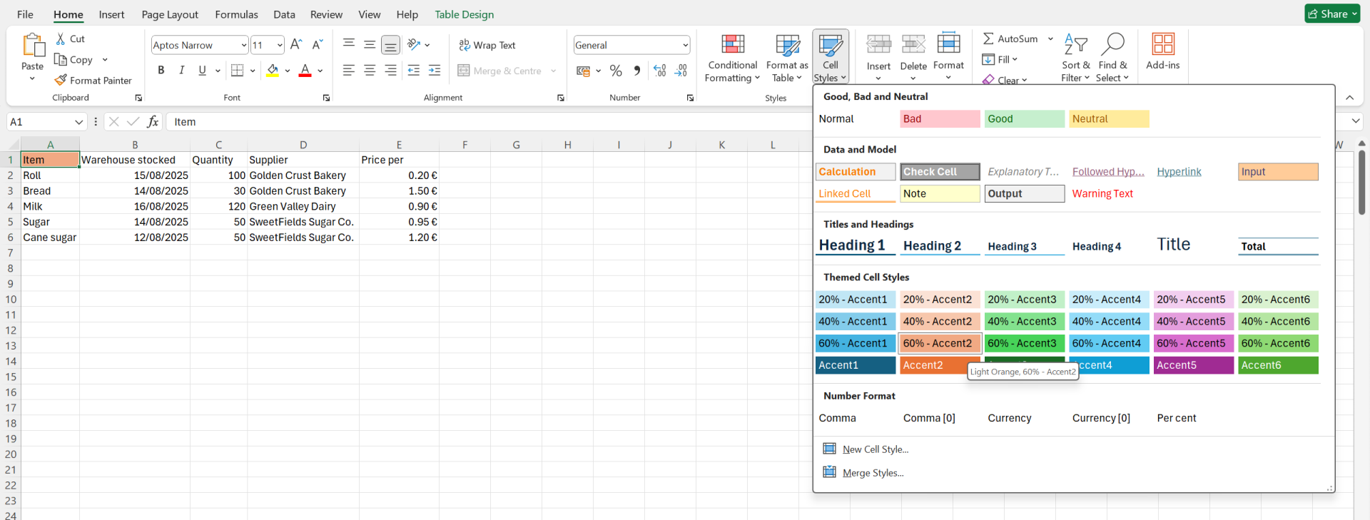 Výber oranžového štýlu buniek - Základy Microsoft Excel