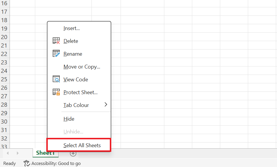 Zobrazenie ponuky Select All Sheets - Základy Microsoft Excel