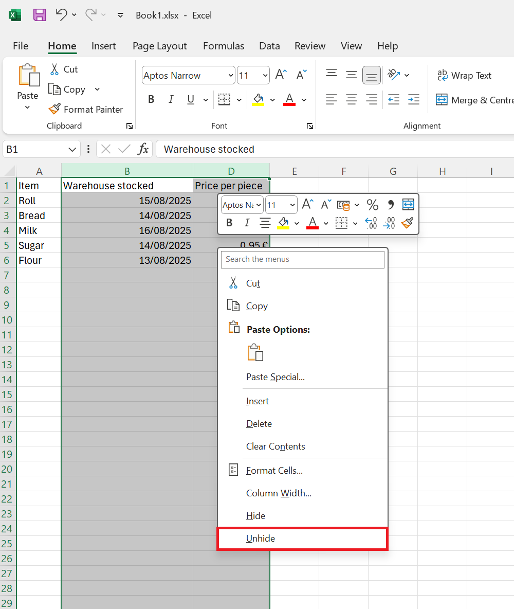 Ponuka zobrazenia stĺpca po kliknutí pravým tlačidlom myši - Základy Microsoft Excel