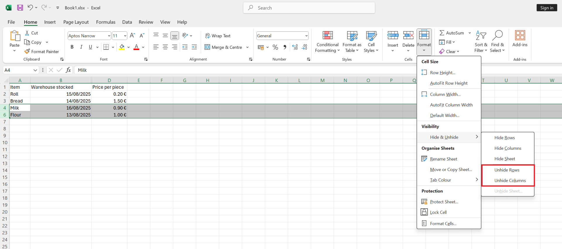 Ponuka zobrazenia riadka - Základy Microsoft Excel