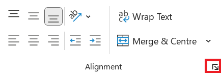 Otvorenie ponuky Alignment z karty Home - Základy Microsoft Excel