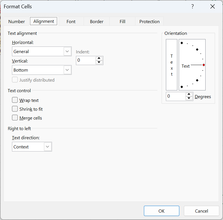Karta Alignment v okne Format Cells - Základy Microsoft Excel