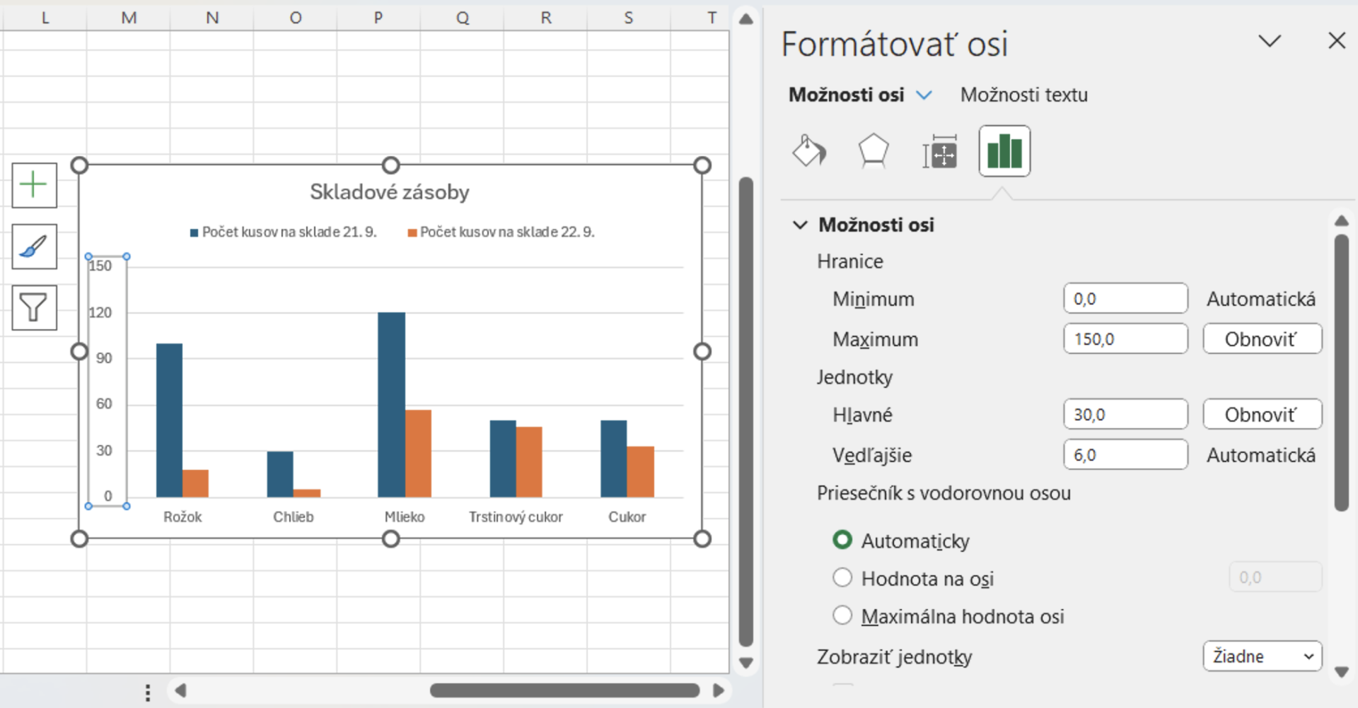 Zmena hodnôt v okne Možnosti osi - Základy Microsoft Excel