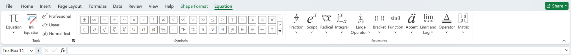 Ukážka možností karty Equation - Základy Microsoft Excel