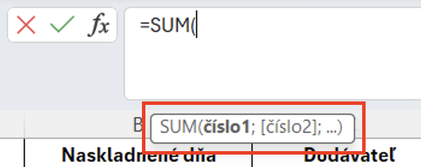 Zobrazenie požadovaných argumentov funkcie SUM - Základy Microsoft Excel