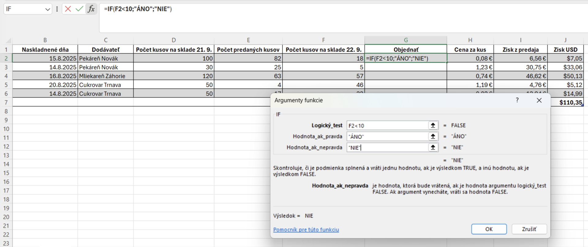 Funkcia IF s vyplnenými argumentmi - Základy Microsoft Excel