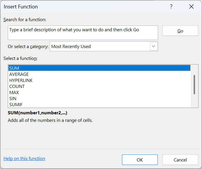 Dialógové okno Insert Function - Základy Microsoft Excel