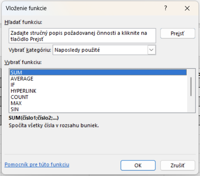 Dialógové okno Vložiť funkcie - Základy Microsoft Excel