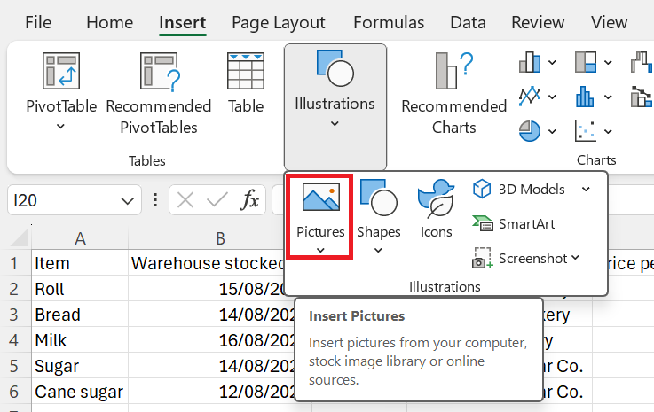 Ponuka vloženia obrázka v sekcii Illustrations - Základy Microsoft Excel