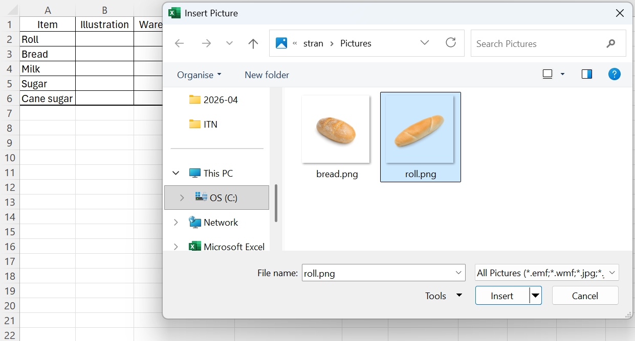 Výber obrázka v správcovi súborov - Základy Microsoft Excel