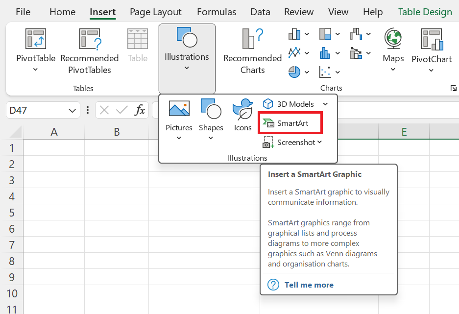 Vloženie diagramu SmartArt z karty Home - Základy Microsoft Excel