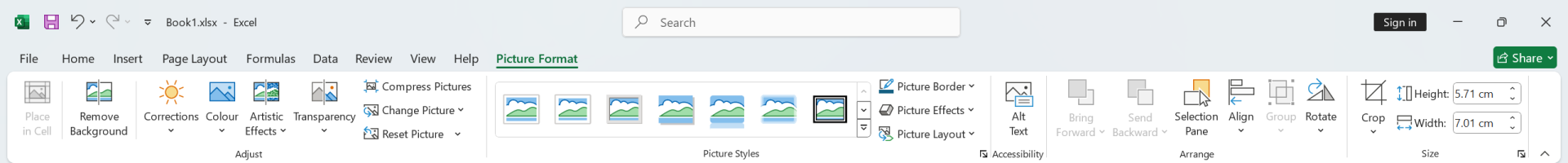 Ukážka celej karty Picture Format - Základy Microsoft Excel
