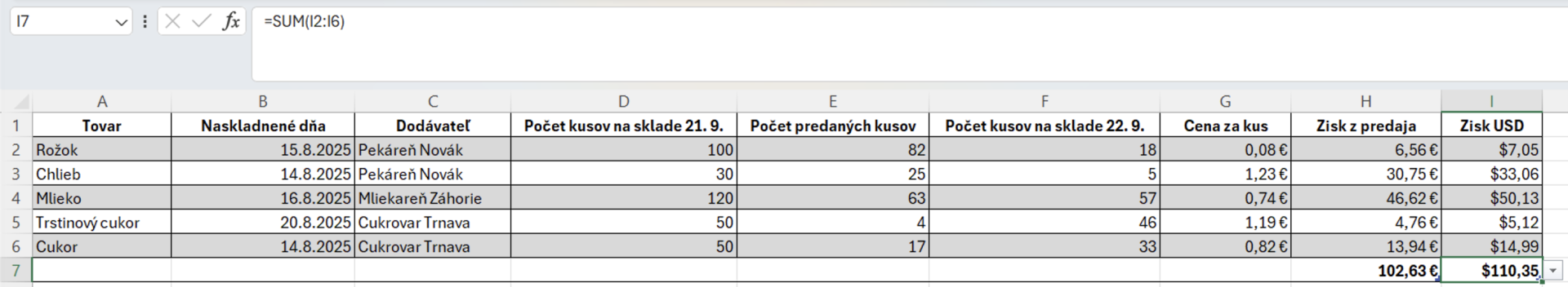 Výpočet celkového zisku v eurách a dolároch - Základy Microsoft Excel