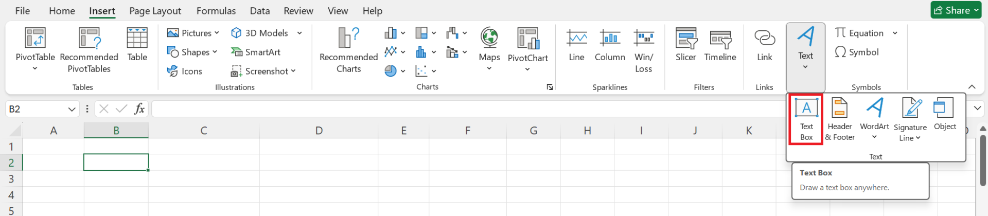 Ponuka vloženia textového poľa - Základy Microsoft Excel