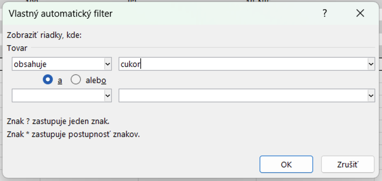 Filtrovanie textu podľa obsahu slova - Základy Microsoft Excel