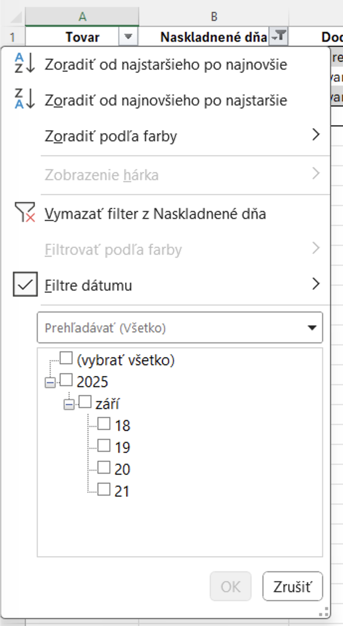 Zoradenie vyfiltrovaných údajov podľa dátumu - Základy Microsoft Excel