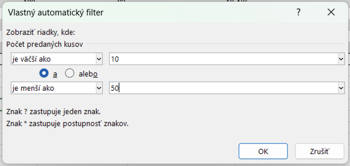 Kombinácia číselných podmienok filtra - Základy Microsoft Excel