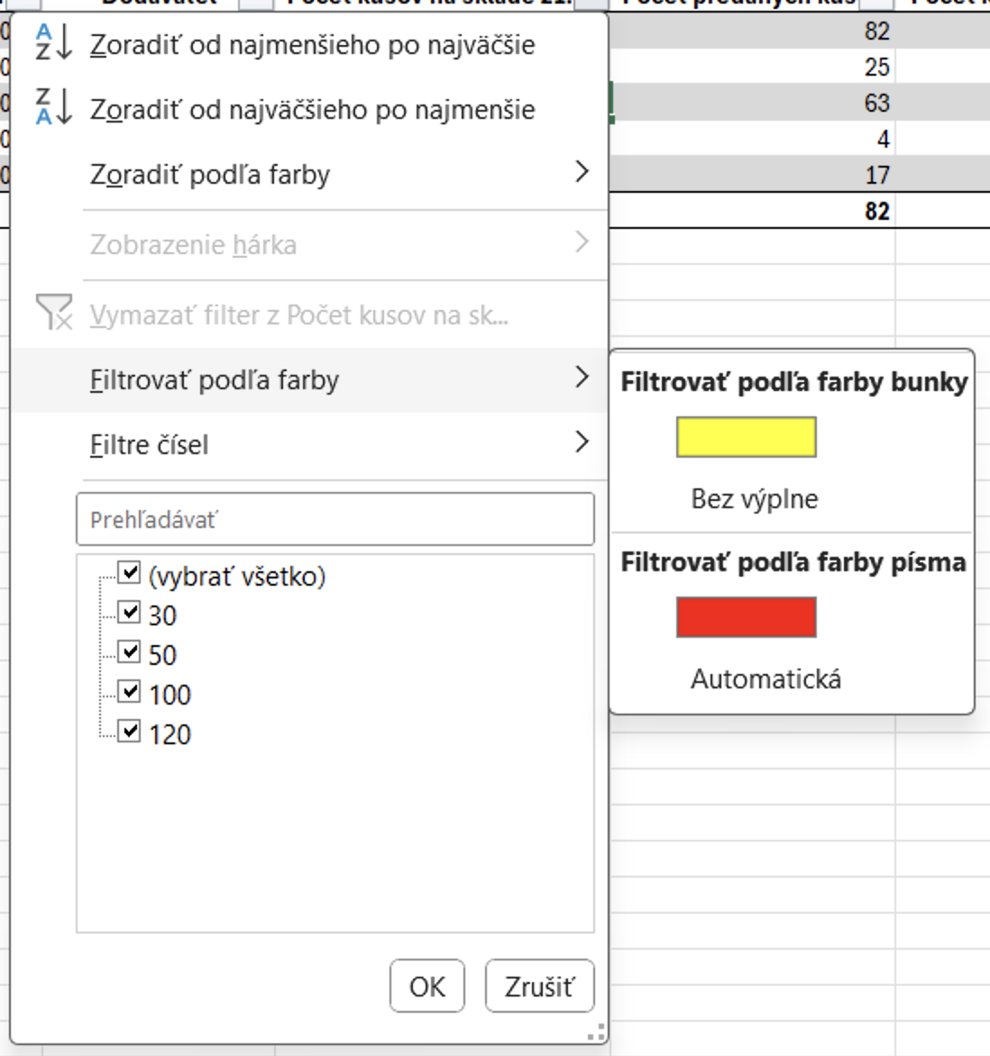 Ponuka filtrovania podľa farby v Exceli - Základy Microsoft Excel