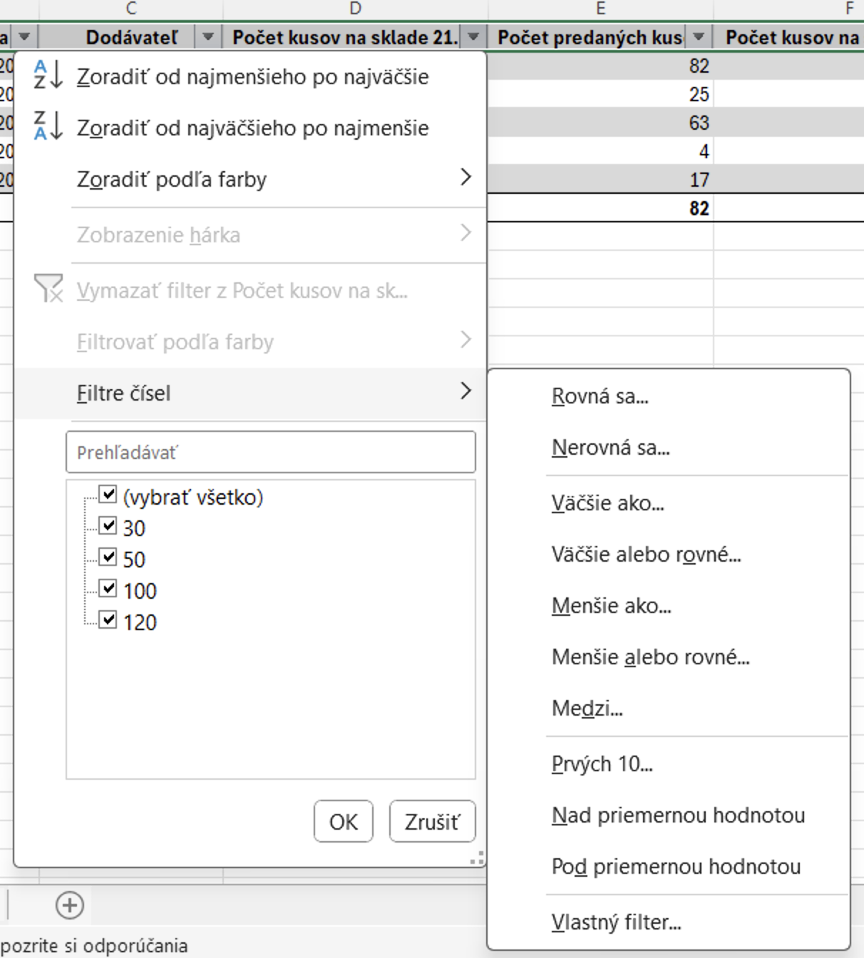Ponuka Filtre čísel v Exceli - Základy Microsoft Excel