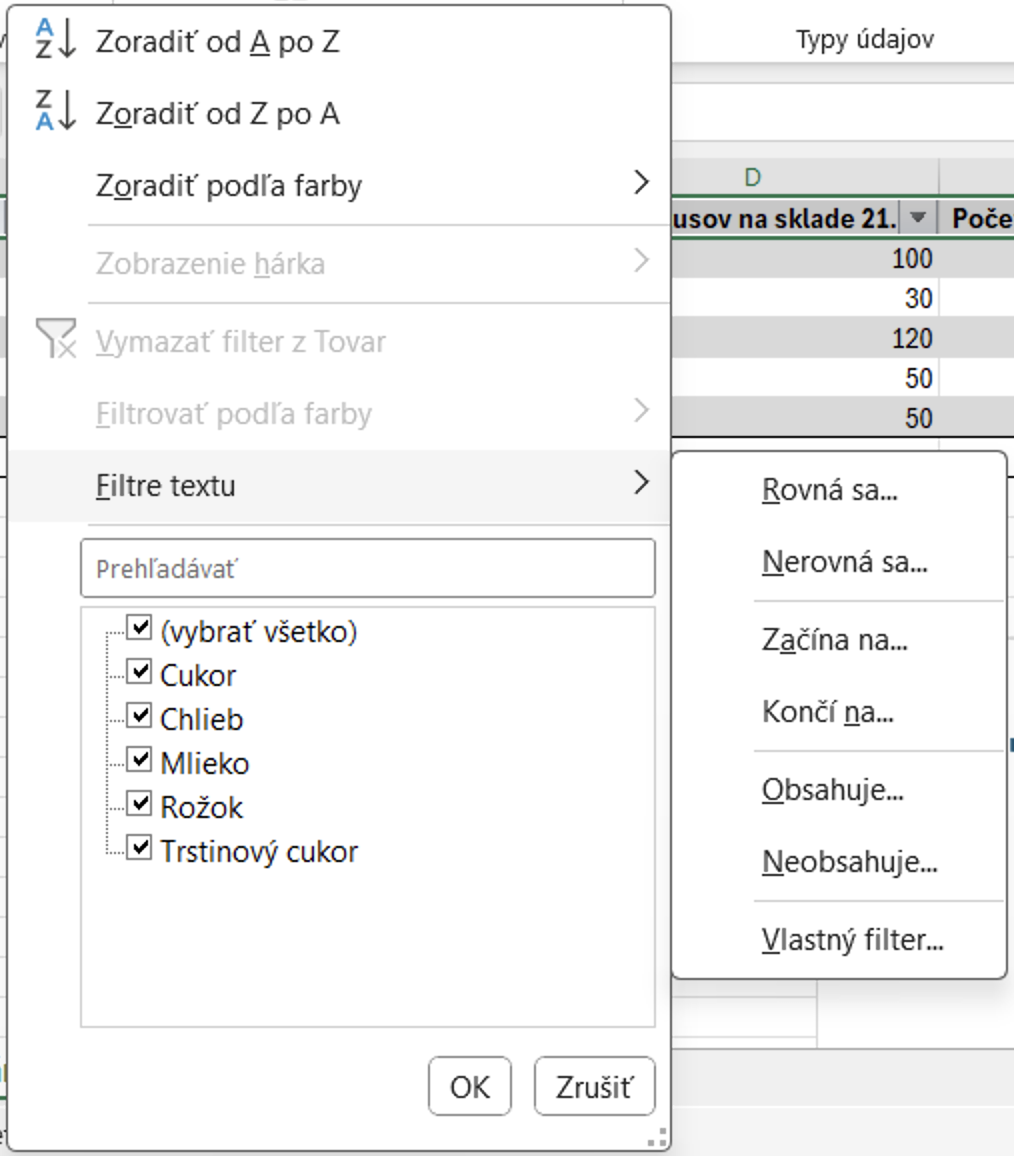 Ponuka Filtre textu v Exceli - Základy Microsoft Excel