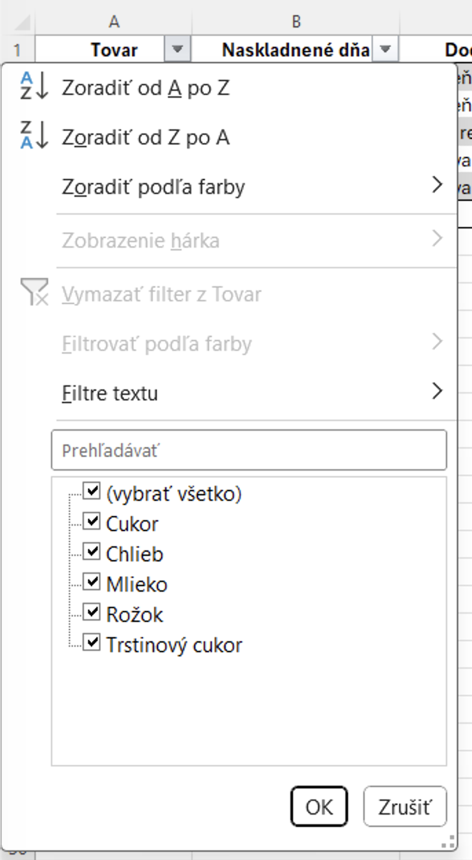 Rozbaľovacia ponuka automatického filtra - Základy Microsoft Excel