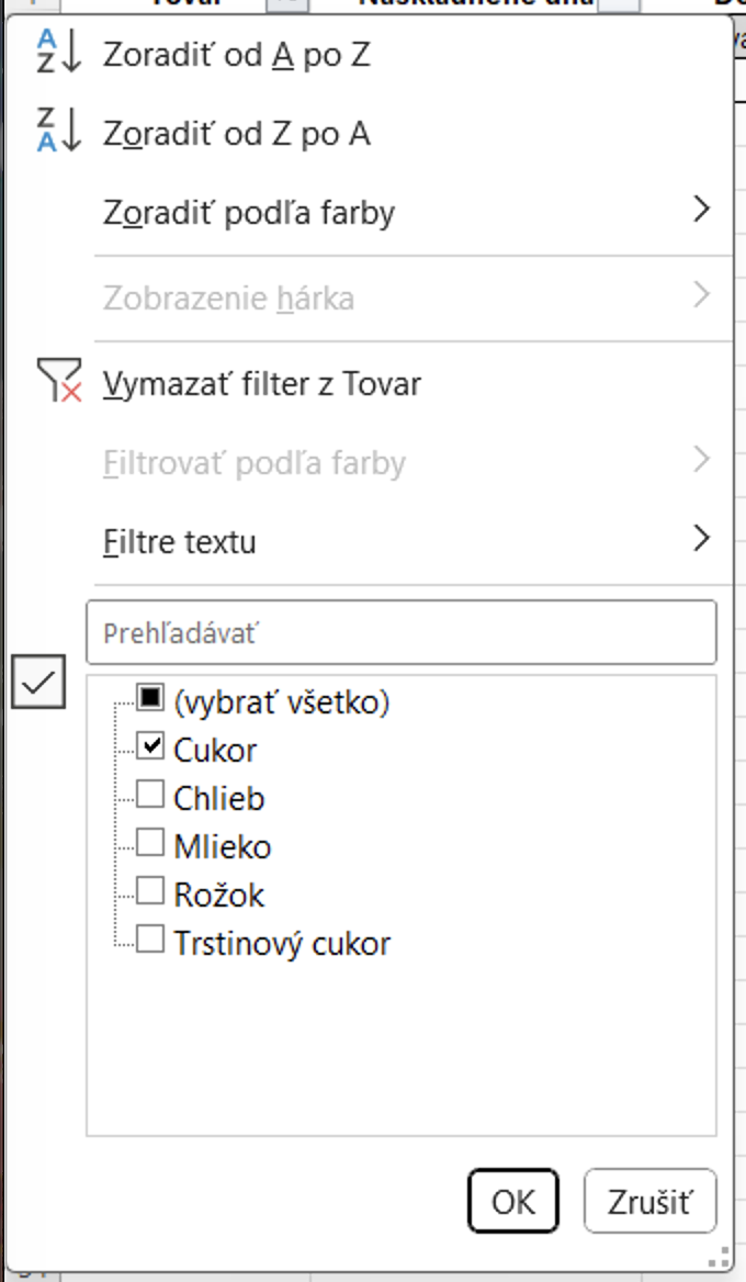 Zrušenie filtrovania v stĺpci tabuľky - Základy Microsoft Excel
