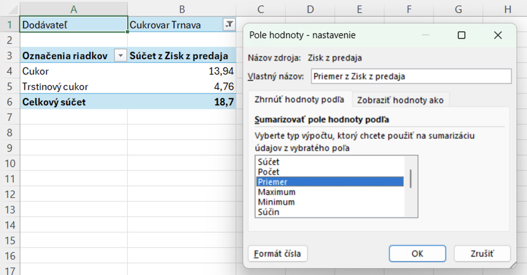 Nastavenie výpočtu priemeru v kontingenčnej tabuľke - Základy Microsoft Excel