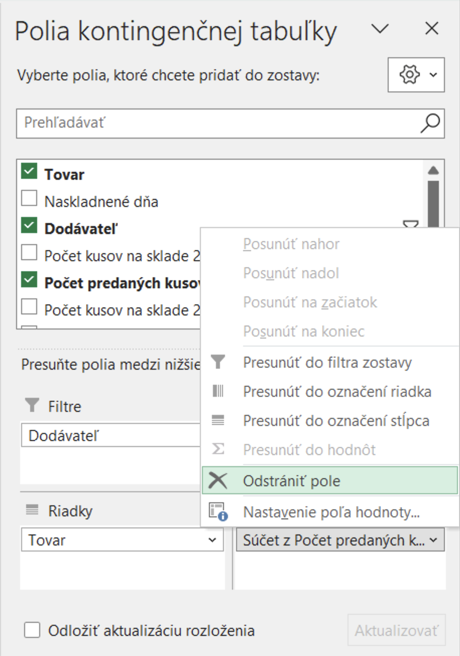 Odstránenie poľa z oblasti Hodnoty - Základy Microsoft Excel