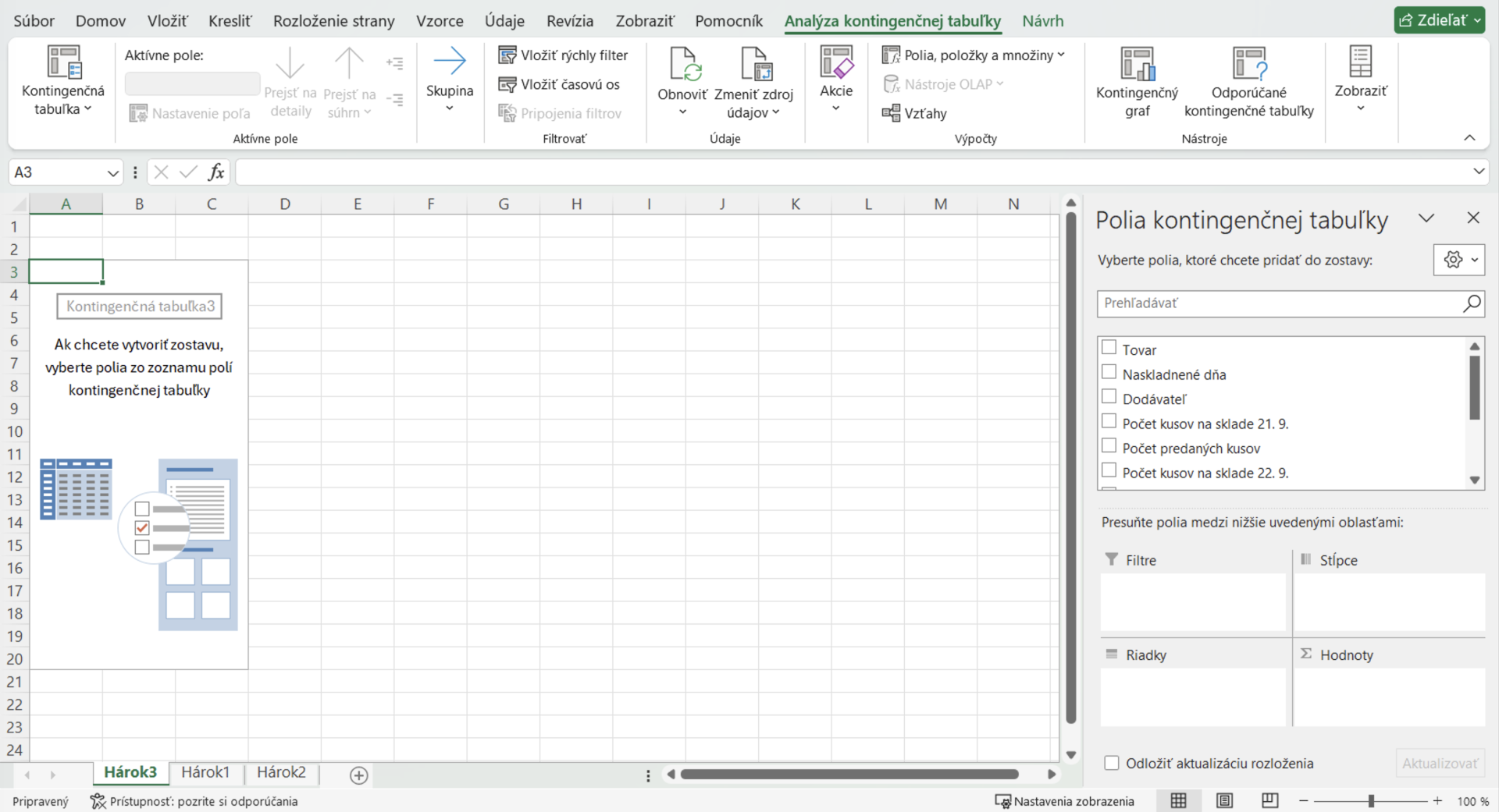 Ponuka Polia kontingenčnej tabuľky - Základy Microsoft Excel