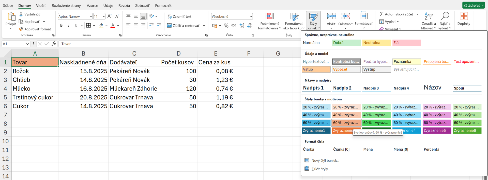 Pridanie štýlu bunky v Exceli - Základy Microsoft Excel