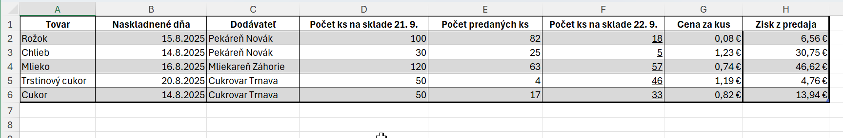 Výsledná tabuľka s výpočtami - Základy Microsoft Excel