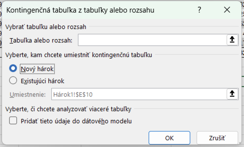 Dialógové okno na vytvorenie kontingenčnej tabuľky - Základy Microsoft Excel