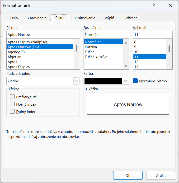 Karta Písmo v okne Formátovať bunky - Základy Microsoft Excel