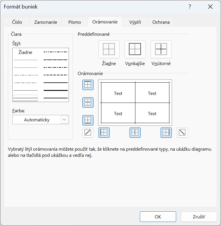 Možnosť spresniť vzhľad orámovania v okne Formátovať bunky - Základy Microsoft Excel