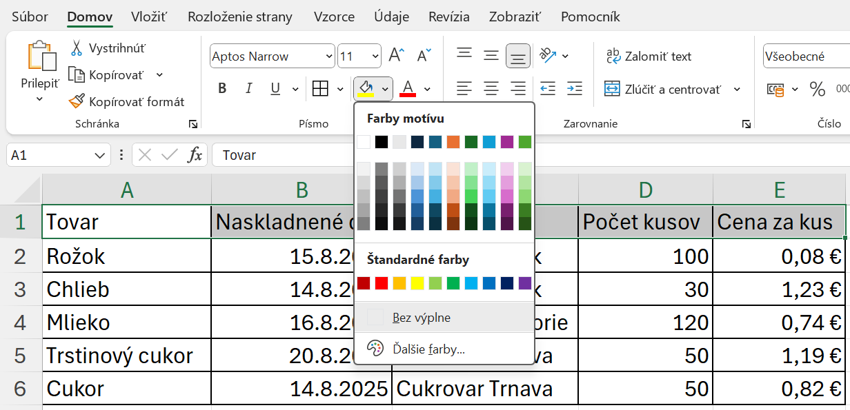 Ponuka farieb pre výplň buniek - Základy Microsoft Excel