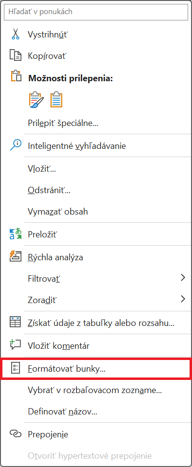 Ponuka Formátovať bunky po kliknutí pravým tlačidlom myši - Základy Microsoft Excel