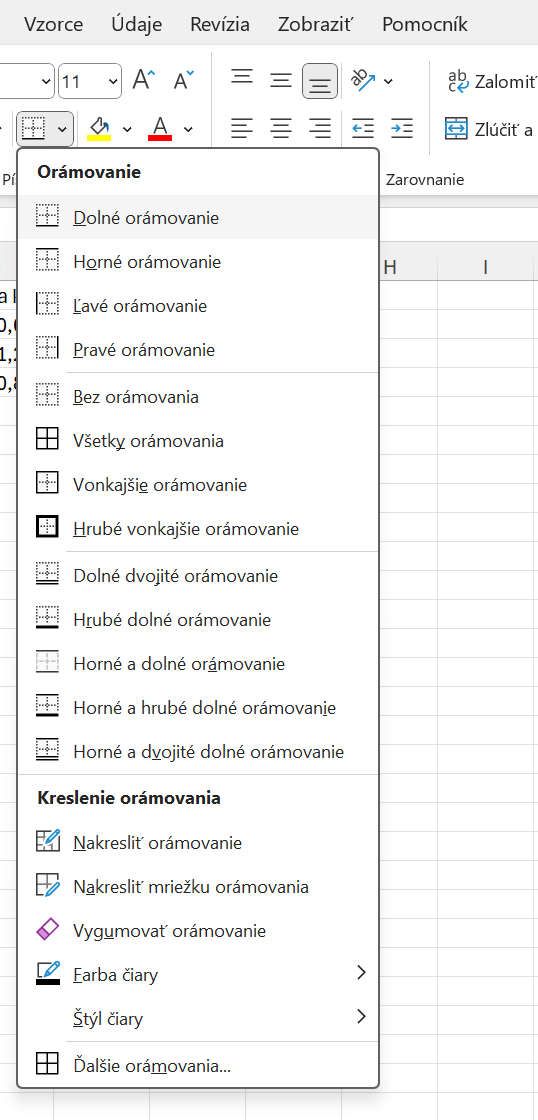 Ponuka predvolených typov orámovania buniek - Základy Microsoft Excel
