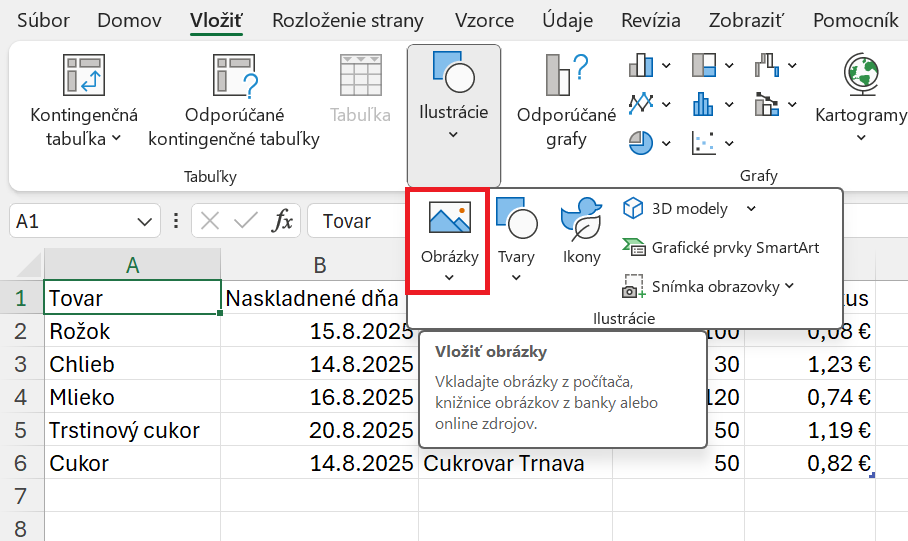 Ponuka vloženia obrázka v sekcii Ilustrácie - Základy Microsoft Excel